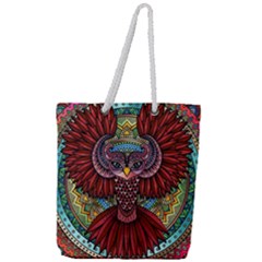 Colorful Owl Art Red Owl Full Print Rope Handle Tote (large) by Bedest