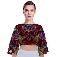 Colorful Owl Art Red Owl Tie Back Butterfly Sleeve Chiffon Top by Bedest