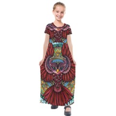 Colorful Owl Art Red Owl Kids  Short Sleeve Maxi Dress by Bedest