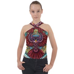 Colorful Owl Art Red Owl Cross Neck Velour Top by Bedest