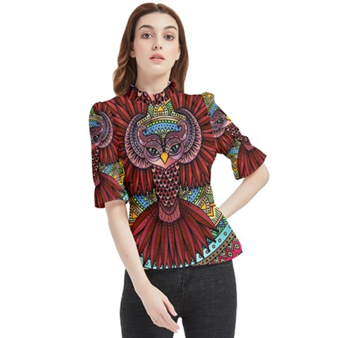 Colorful Owl Art Red Owl Frill Neck Blouse by Bedest