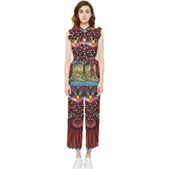 Colorful Owl Art Red Owl Women s Frill Top Chiffon Jumpsuit by Bedest