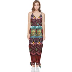 Colorful Owl Art Red Owl Sleeveless Tie Ankle Chiffon Jumpsuit by Bedest