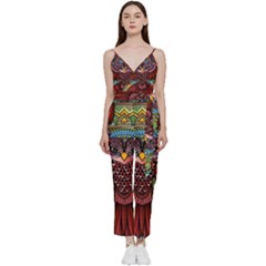 Colorful Owl Art Red Owl V-neck Camisole Jumpsuit by Bedest