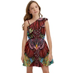 Colorful Owl Art Red Owl Kids  One Shoulder Party Dress by Bedest