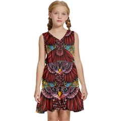 Colorful Owl Art Red Owl Kids  Sleeveless Tiered Mini Dress by Bedest