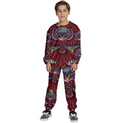 Colorful Owl Art Red Owl Kids  Sweatshirt Set