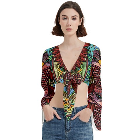 Colorful Owl Art Red Owl Trumpet Sleeve Cropped Top by Bedest