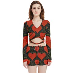 Love Hearts Pattern Style Velvet Wrap Crop Top And Shorts Set by Grandong