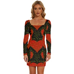 Love Hearts Pattern Style Long Sleeve Square Neck Bodycon Velvet Dress by Grandong