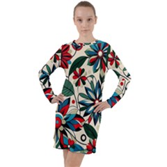 Flora Pattern Flower Long Sleeve Hoodie Dress