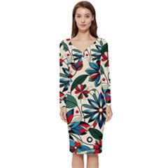 Flora Pattern Flower Long Sleeve V-neck Bodycon Dress  by Grandong