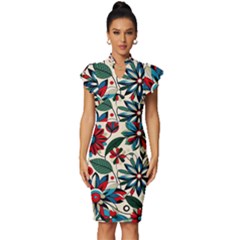 Flora Pattern Flower Vintage Frill Sleeve V-neck Bodycon Dress by Grandong