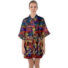 Hexagon Honeycomb Pattern Half Sleeve Satin Kimono  by Grandong