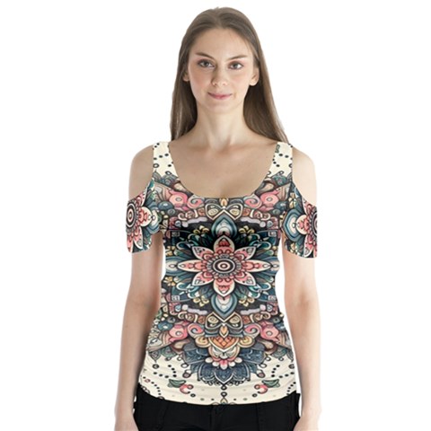 Floral Pattern Flowers Butterfly Sleeve Cutout T-shirt  by Grandong