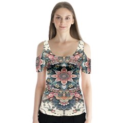 Floral Pattern Flowers Butterfly Sleeve Cutout T-shirt 