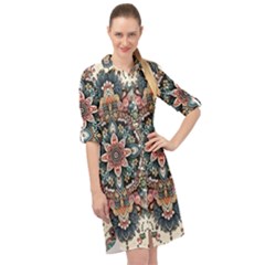 Floral Pattern Flowers Long Sleeve Mini Shirt Dress by Grandong