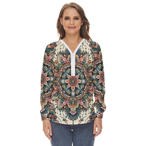 Floral Pattern Flowers Zip Up Long Sleeve Blouse by Grandong