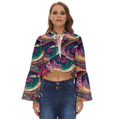 Human Eye Pattern Boho Long Bell Sleeve Top by Grandong