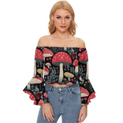 Mushrooms Psychedelic Off Shoulder Flutter Bell Sleeve Top