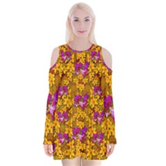 Blooming Flowers Of Orchid Paradise Velvet Long Sleeve Shoulder Cutout Dress