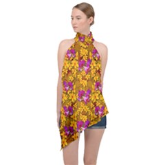 Blooming Flowers Of Orchid Paradise Halter Asymmetric Satin Top