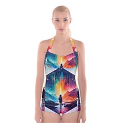 Starry Night Wanderlust: A Whimsical Adventure Boyleg Halter Swimsuit  by stine1