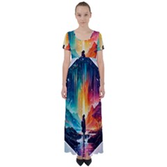 Starry Night Wanderlust: A Whimsical Adventure High Waist Short Sleeve Maxi Dress by stine1