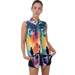 Starry Night Wanderlust: A Whimsical Adventure Sleeveless Chiffon Button Shirt