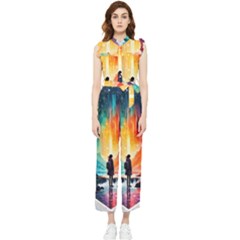 Starry Night Wanderlust: A Whimsical Adventure Women s Frill Top Chiffon Jumpsuit by stine1