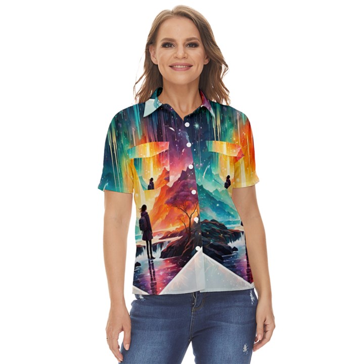 Starry Night Wanderlust: A Whimsical Adventure Women s Short Sleeve Double Pocket Shirt