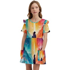 Starry Night Wanderlust: A Whimsical Adventure Kids  Frilly Sleeves Pocket Dress by stine1