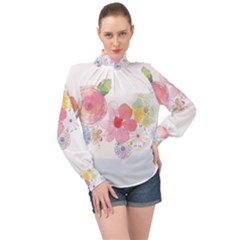 Flower-2342706 High Neck Long Sleeve Chiffon Top by lipli