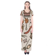 Halloween Doodle Autumn Pumpkin Short Sleeve Maxi Dress