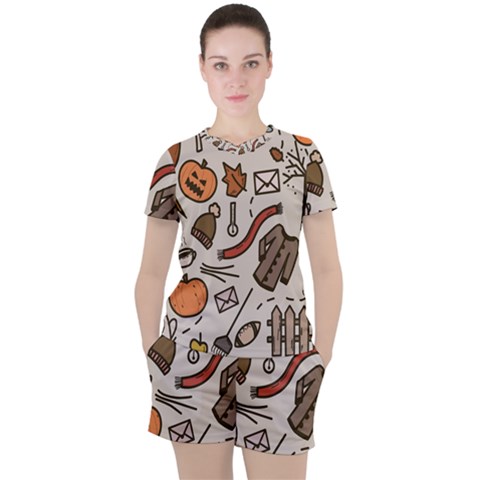 Halloween Doodle Autumn Pumpkin Women s T-shirt And Shorts Set by Bedest