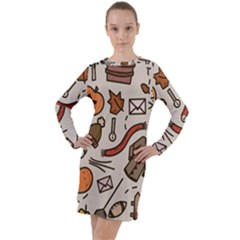 Halloween Doodle Autumn Pumpkin Long Sleeve Hoodie Dress