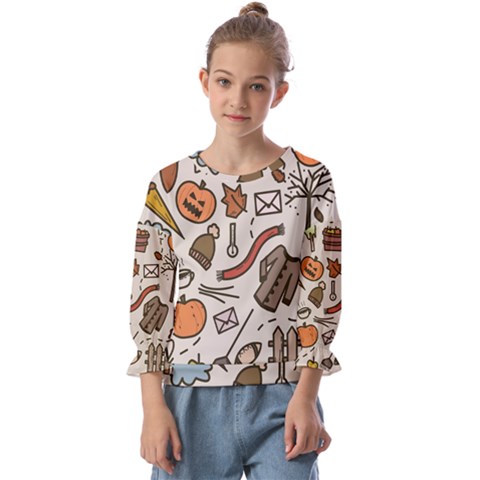 Halloween Doodle Autumn Pumpkin Kids  Cuff Sleeve Top by Bedest