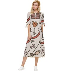 Halloween Doodle Autumn Pumpkin Bow Sleeve Chiffon Midi Dress by Bedest