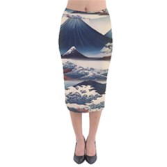 Hokusai Moutains Japan Velvet Midi Pencil Skirt by Bedest