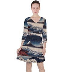 Hokusai Moutains Japan Quarter Sleeve Ruffle Waist Dress by Bedest