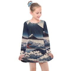 Hokusai Moutains Japan Kids  Long Sleeve Dress by Bedest