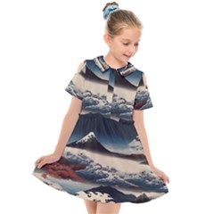 Hokusai Moutains Japan Kids  Short Sleeve Shirt Dress by Bedest