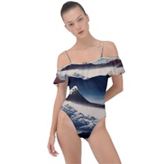 Hokusai Moutains Japan Frill Detail One Piece Swimsuit by Bedest