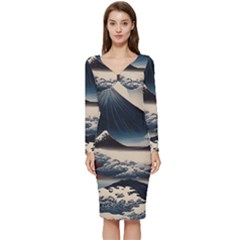 Hokusai Moutains Japan Long Sleeve V-neck Bodycon Dress  by Bedest