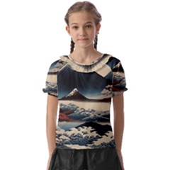 Hokusai Moutains Japan Kids  Frill Chiffon Blouse by Bedest