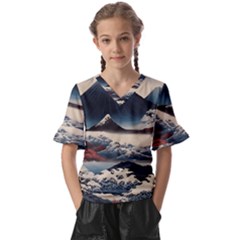 Hokusai Moutains Japan Kids  V-neck Horn Sleeve Blouse by Bedest