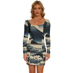 Hokusai Moutains Japan Long Sleeve Square Neck Bodycon Velvet Dress by Bedest