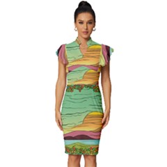 Painting Colors Box Green Vintage Frill Sleeve V-neck Bodycon Dress by Bedest