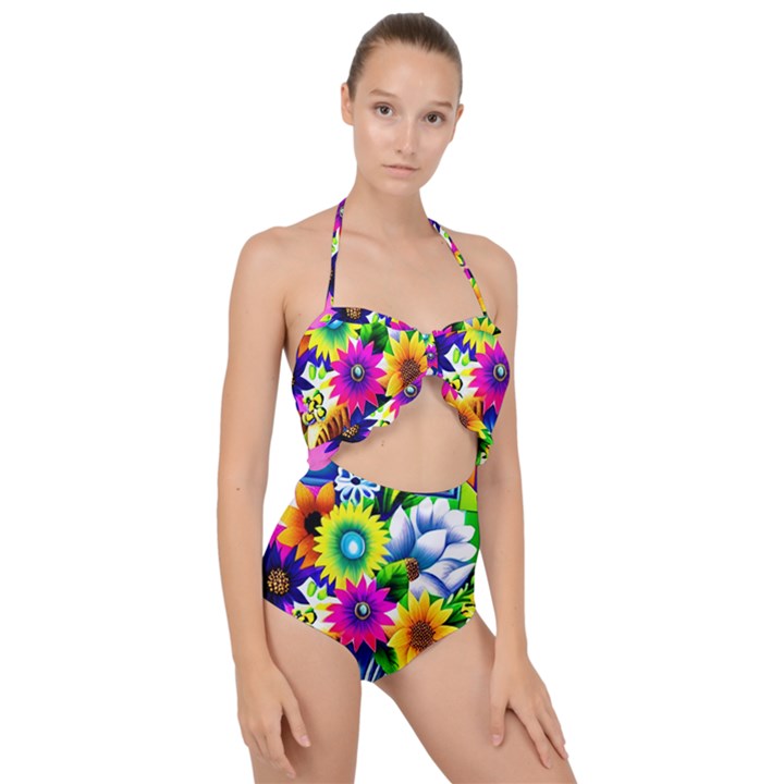 Flower Vase Flower Collage Pop Art Scallop Top Cut Out Swimsuit