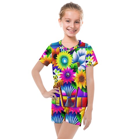 Flower Vase Flower Collage Pop Art Kids  Mesh T-shirt And Shorts Set by Bedest